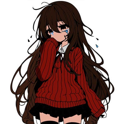 anime girl with long hair and sweater with a skirt crying