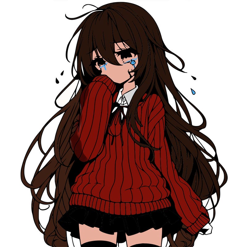 anime girl with long hair and sweater with a skirt crying