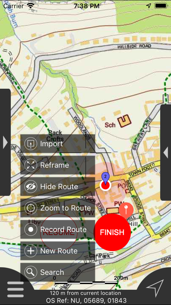 Northumberland Maps Offline - Northumberland Maps Offline app interface showing a detailed map and route management menu
