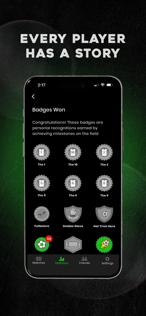 FUTX - FUTX soccer app display of milestone badges including Golden Glove and Hat Trick Hero