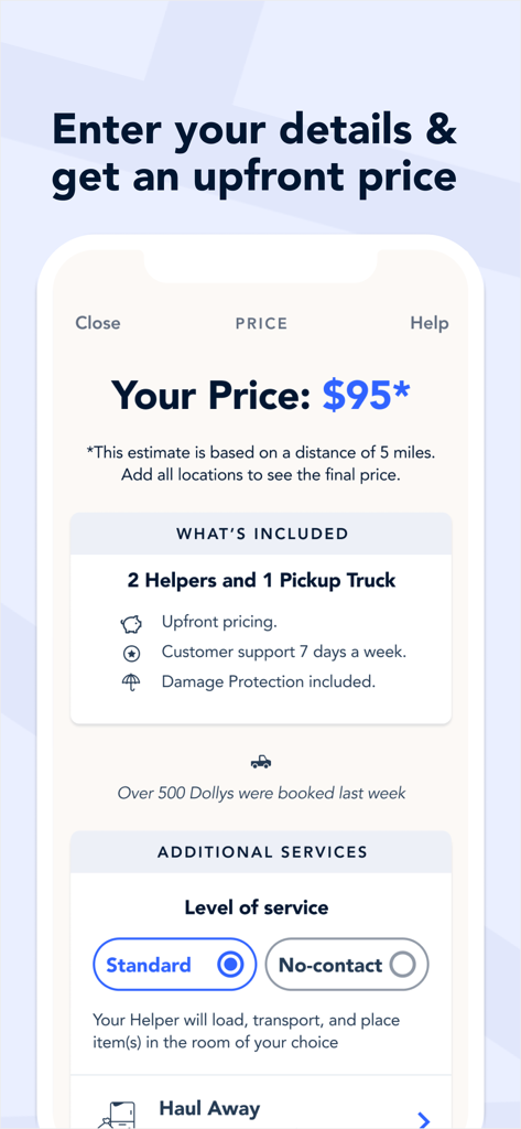 Dolly app interface showing an upfront price estimate of ninety-five dollars for two helpers and a pickup truck
