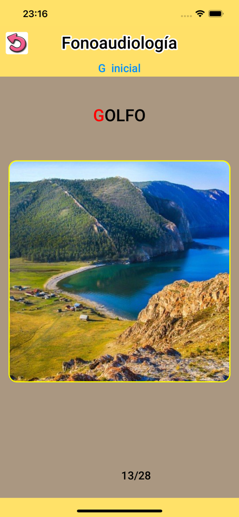 Fonoaudiología : ejercicios AR - Speech therapy exercise for the initial G sound featuring the word Golfo and a coastal landscape image.