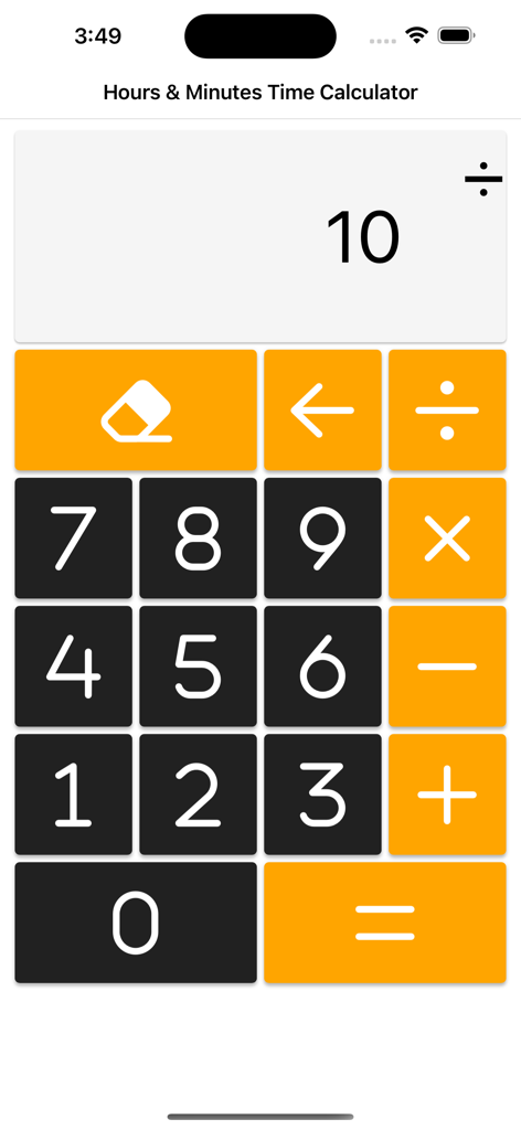 Interface of the Hours and Minutes Time Calculator mobile app showing a numeric keypad and operation buttons