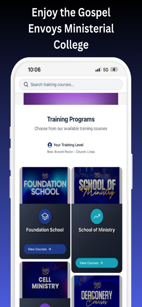 Envoys - Gospel Envoys app interface showing ministerial training programs including Foundation School and School of Ministry