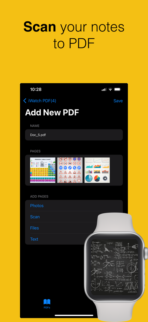 PDF Watch Reader: Watch PDF - iPhone interface to scan notes into a PDF and an Apple Watch displaying handwritten math formulas.