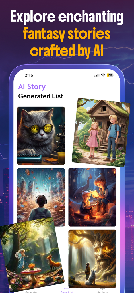 Novel AI - AI Story Generator - A mobile screen showing a list of AI generated fantasy stories with colorful illustrations
