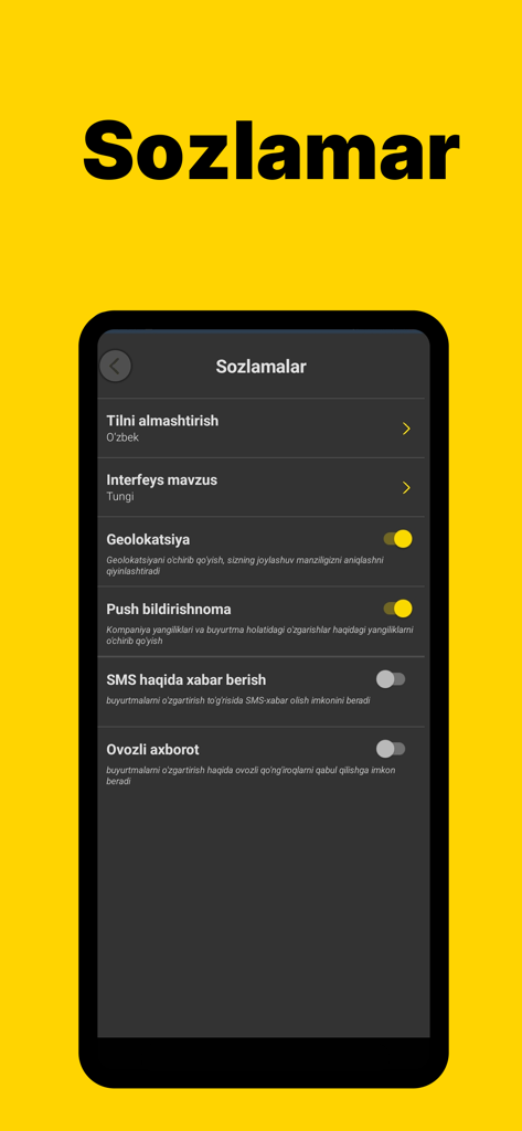 Metro Taxi: Такси и Доставка - Metro Taxi mobile app settings screen in Uzbek language showing notification and language options
