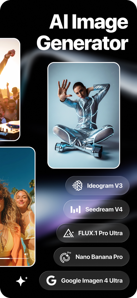 Imagine AI: AI Video Generator - AI 이미지 생성 옵션과 미래적인 은색 초상화를 보여주는 Imagine AI 앱 화면