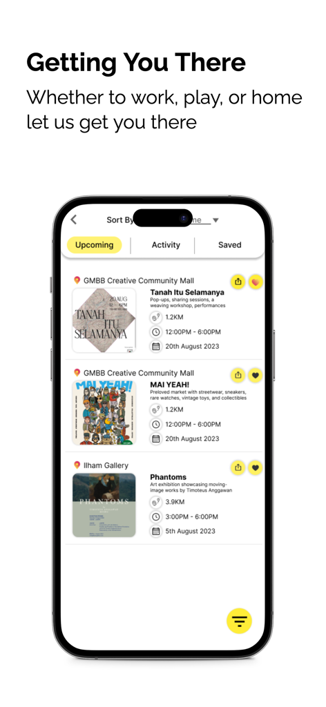 Smartphone-Bildschirm der TRYKE-App, der eine Liste bevorstehender lokaler Veranstaltungen und Kunstgalerieausstellungen anzeigt