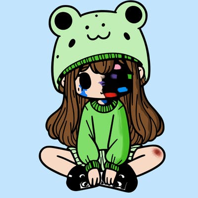 a girl wearing a frog hat and some frog socks