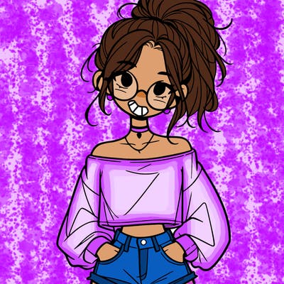 girl with a messy ponytail glasses a baggy crop top and jean shorts