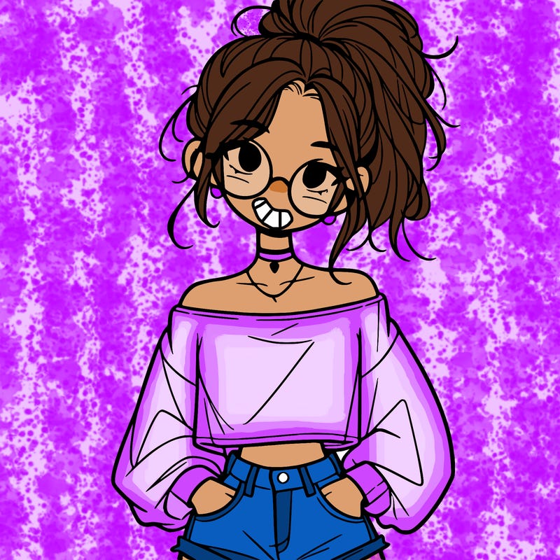 girl with a messy ponytail glasses a baggy crop top and jean shorts