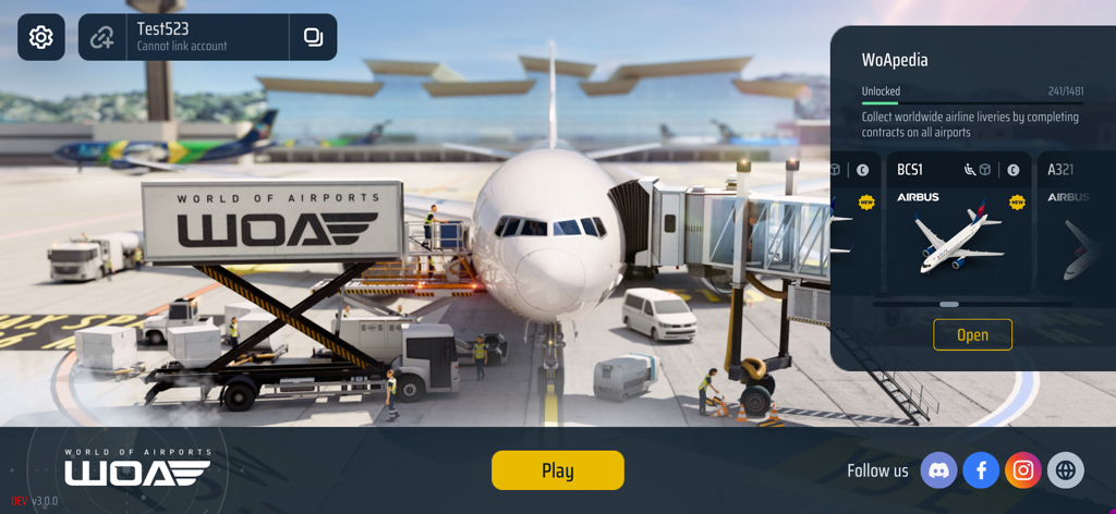 World of Airports main menu showing a realistic 3D airplane at a terminal gate with ground crew