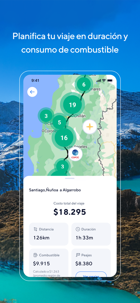 Chiletur - Captura de pantalla de la aplicación Chiletur que muestra la distancia, duración del viaje por carretera y costos estimados de combustible y peajes en Chile