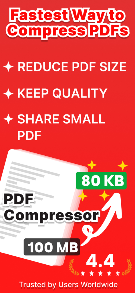 PDF圧縮アプリのプロモーションバナー。ファイルサイズが100MBから80KBに縮小された様子を示しています。