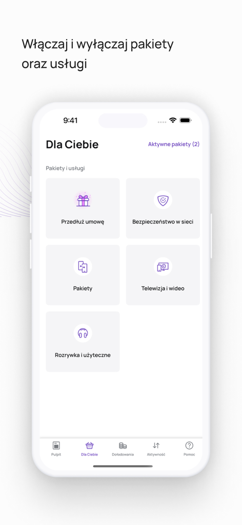 Interfaz de la aplicación Play24 que muestra opciones para gestionar paquetes y servicios de telecomunicaciones