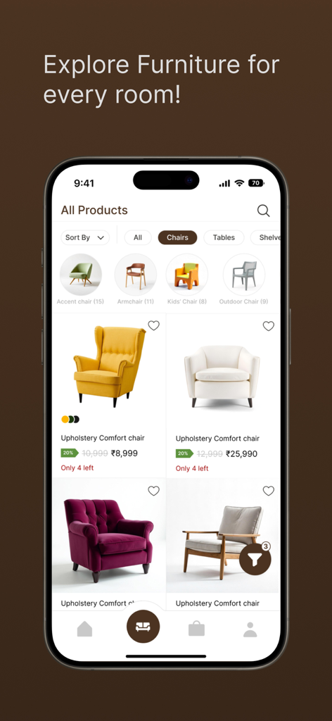 Furnyshop - Furnyshop mobile app interface displaying a catalog of upholstered comfort chairs with pricing and categories.