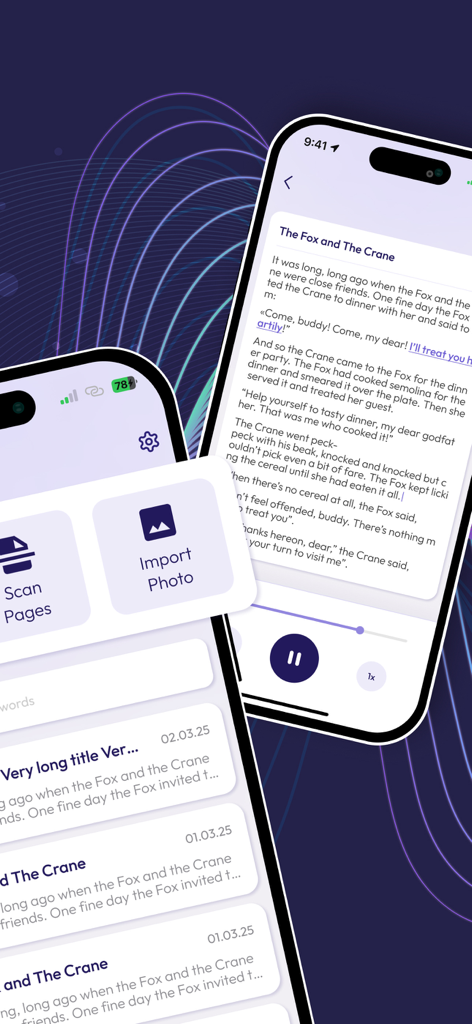 Text to Speech - TTS Reader - Interfaccia dell'app Text to Speech che mostra i controlli di scansione dei documenti e di riproduzione audio