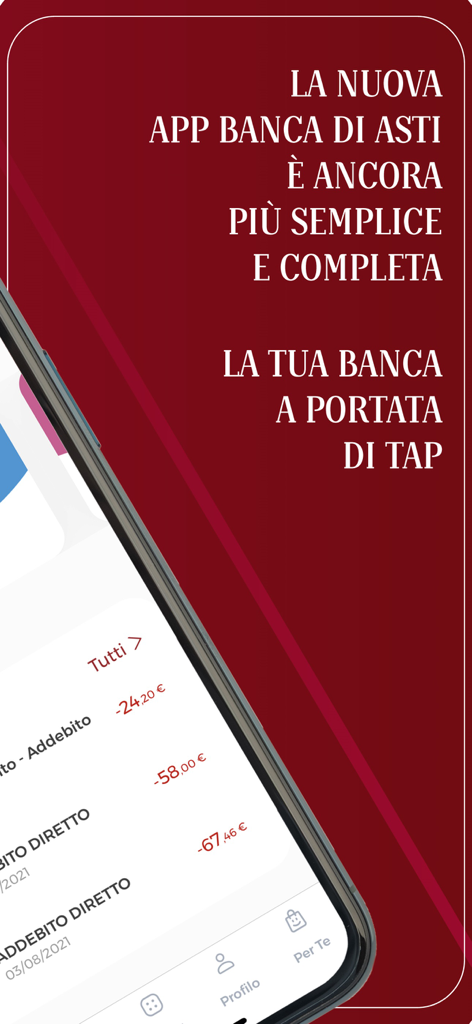 Interface de mobile banking do aplicativo Banca di Asti mostrando transações da conta