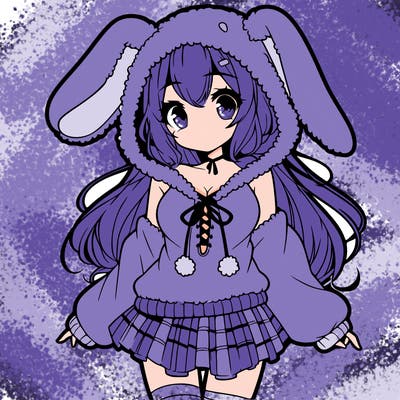 pretty anime girl wearing a fluffy hoodie with bunny ears on the hood and a skirt