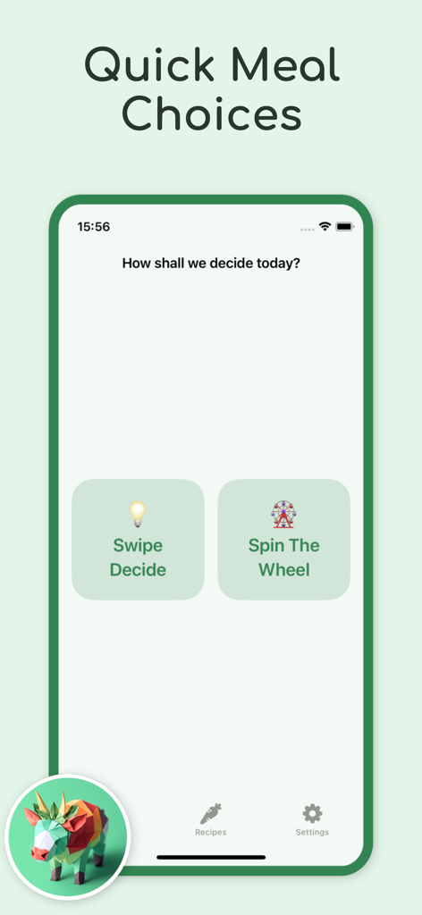 AI Meal planner: Easy Recipes - Mobile app interface showing options to swipe or spin a wheel to choose a meal.