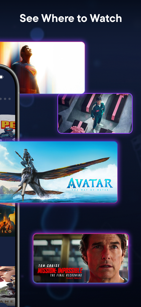 Interface of the Gamebox app displaying movie posters for Avatar and Superman under the heading See Where to Watch