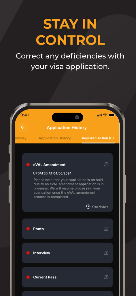 EMGS Hub - EMGS Hub App-Bildschirm, der den Visumantragsstatus und die erforderlichen Aktionen anzeigt