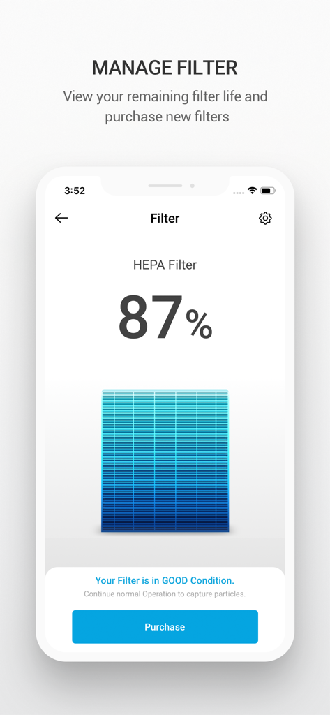 Winix Smart - Winix Smart app screen showing 87 percent HEPA filter life and purchase option
