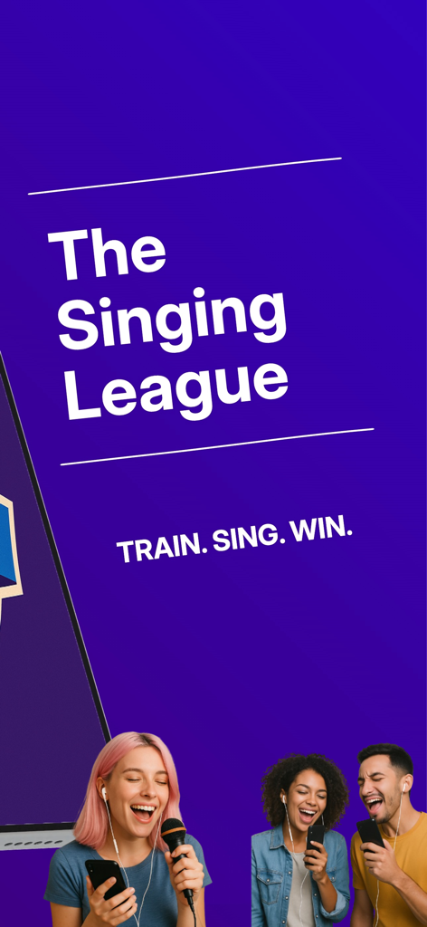 Singing League: AI Vocal Judge - Jovens cantando em smartphones com o slogan Treine Cante Ganhe para o aplicativo The Singing League.