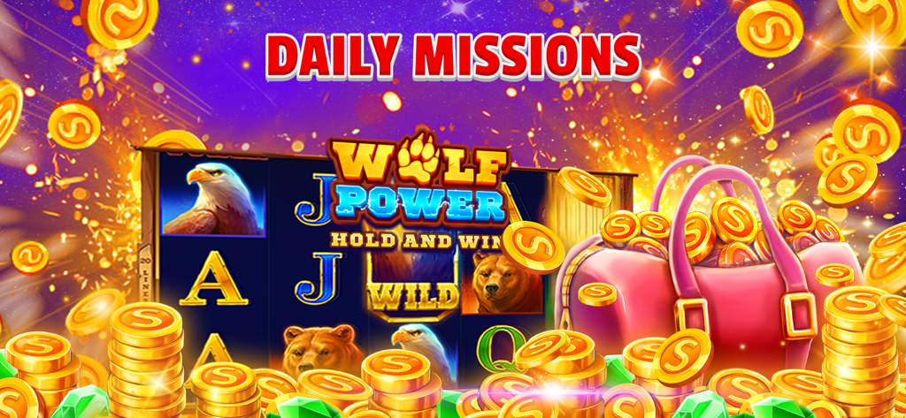 A vibrant screen showing the Wolf Power slot machine with the text Daily Missions and a pink bag overflowing with gold coins.