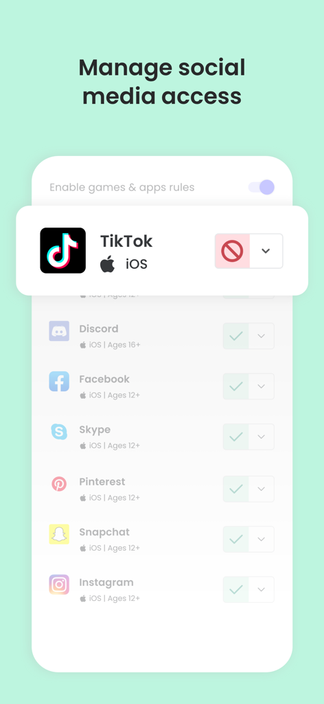 A screenshot of the Qustodio app interface for managing and blocking social media apps like TikTok.