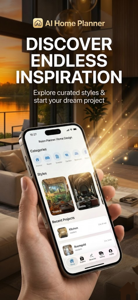 Room Planner AI Home Design - A hand holding a smartphone displaying the Room Planner AI Home Design app interface with curated interior styles and design categories.