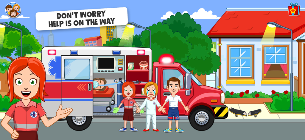Paramedic characters and an ambulance rescue scene in the My Town Fire Station game