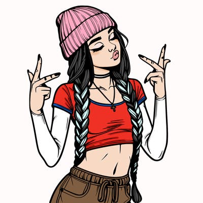 realistic teenage girl with braids and a beanie and crop top doing 🫶🏼