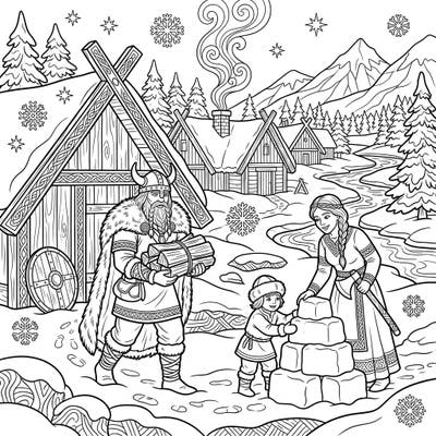 This charming coloring page transports you to a serene Viking village, where a family enjoys the winter season. Depicting daily life amidst snowy landscapes, it offers a delightful scene for all ages to bring to life with color.