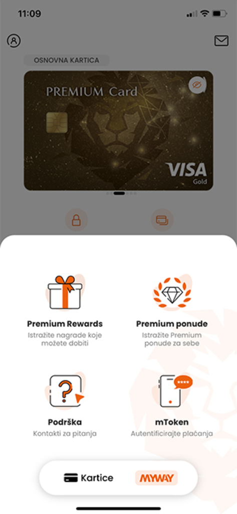 PBZ Card MyWay - PBZ Card MyWay mobile app interface showing a Premium Visa Gold card and a menu with options for rewards, offers, support, and mToken.