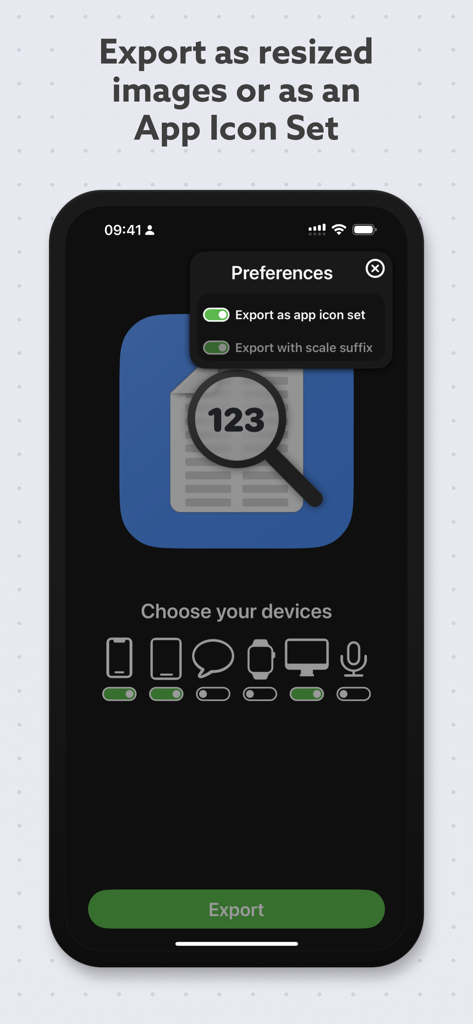 App Icon Generator interface showing device selection and export as app icon set preferences