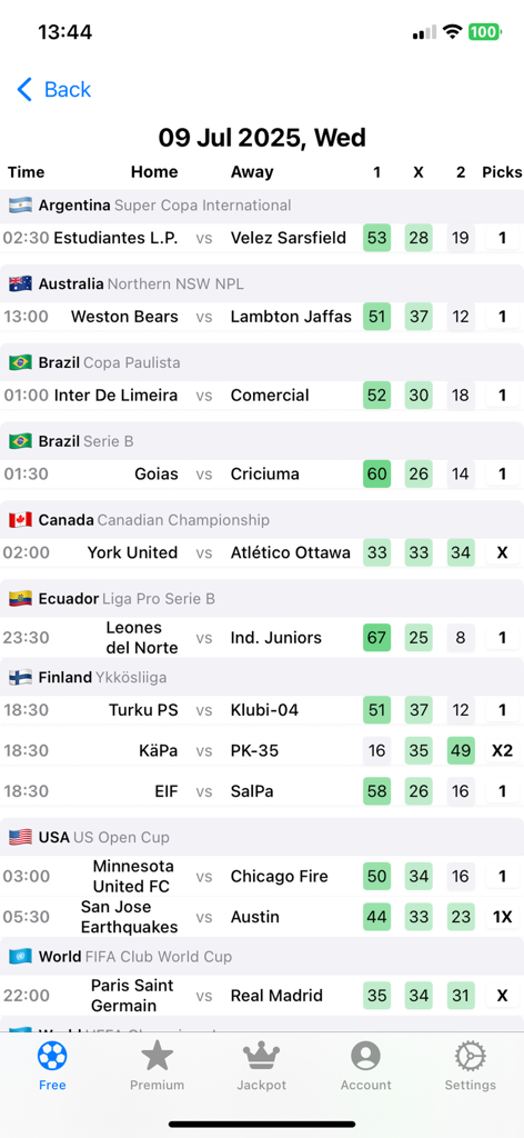Soccer Platform app showing a list of football match predictions and probabilities for global leagues