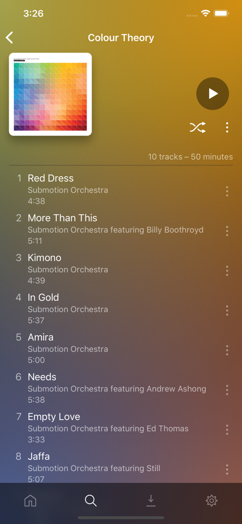Plexamp Musik-Player-Oberfläche mit einer Album-Trackliste und farbenfrohem Hintergrund