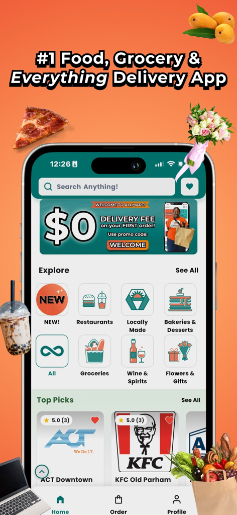 Interface of the AllMart delivery app featuring categories for food, groceries, and local retail.