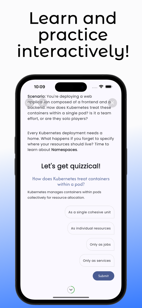 CKA Kubernetes Exam Prep - Pantalla de cuestionario interactivo de la aplicación CKA Kubernetes Exam Prep que muestra una pregunta de opción múltiple sobre pods