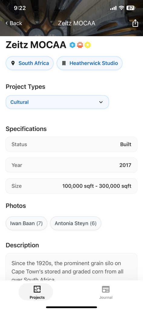 Architizer: A+ Architecture - Project details screen for Zeitz MOCAA in the Architizer app showing location, firm, and technical specifications
