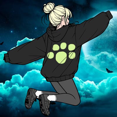 realistic girl jumping with a bun and oversized sweatshirt