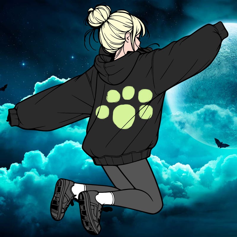 realistic girl jumping with a bun and oversized sweatshirt