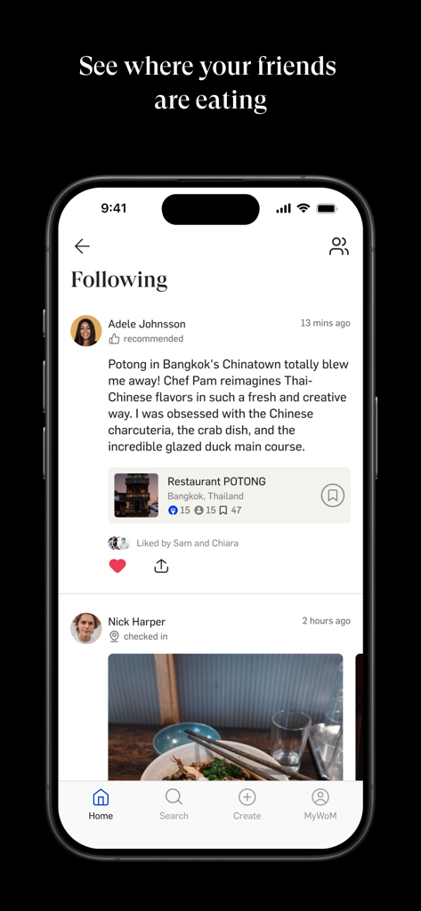 World of Mouth - Pantalla de teléfono inteligente que muestra el feed de Seguimiento de la aplicación World of Mouth con recomendaciones de restaurantes y fotos de comida de amigos