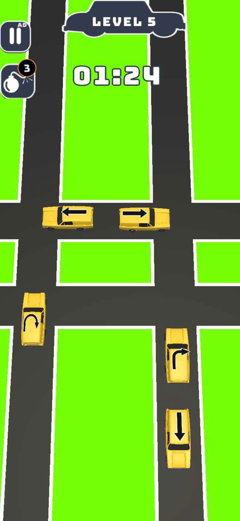 Gameplay screenshot of Traffic Escape Parking puzzle showing yellow cars on a grid road at level five
