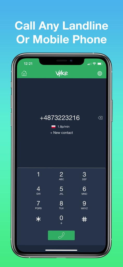 Vyke: Second Phone Number - Vyke app dialer interface showing low cost international calling rates to a mobile phone