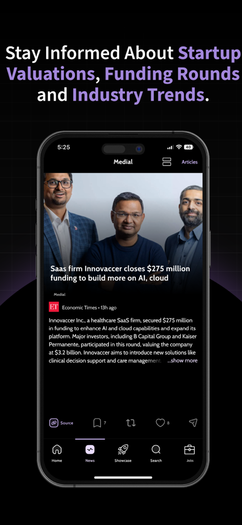 Medial - Startup News and Tech - Medial app interface showing a news article about a SaaS company closing a major funding round.