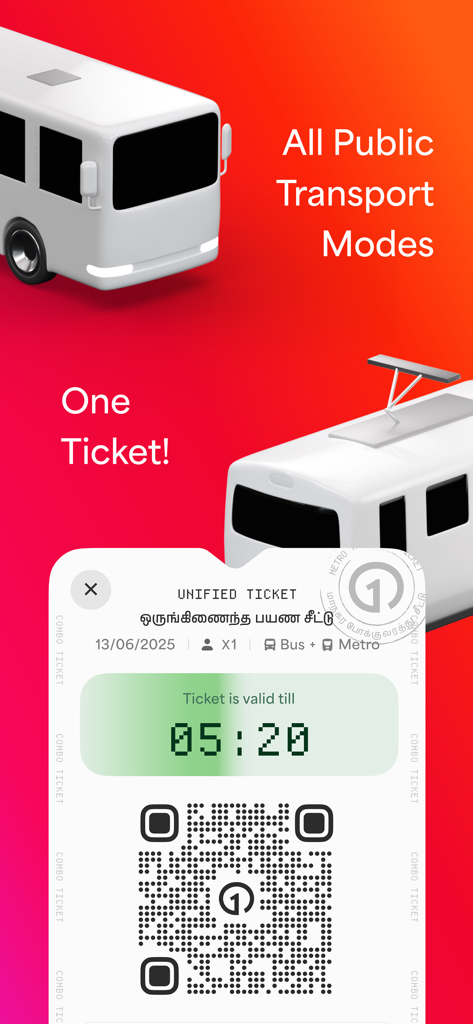 Chennai One - Chennai One app screen displaying a unified digital ticket for bus and metro with a QR code