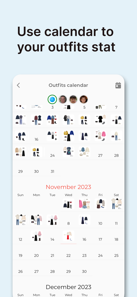 GetWardrobe Outfit Planner - A digital outfit calendar displaying daily fashion looks and wardrobe planning for the month